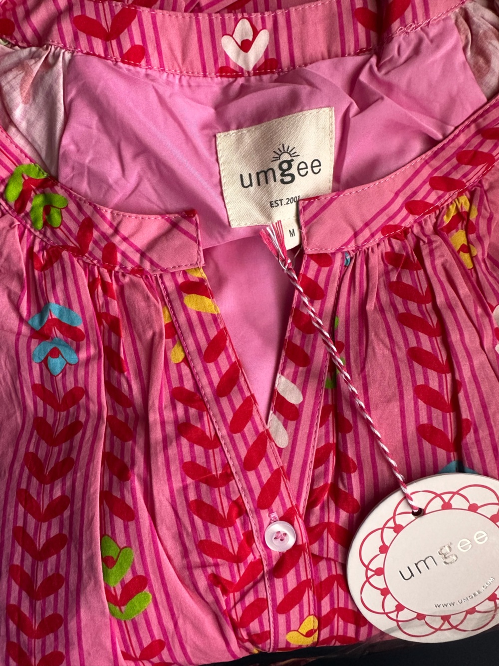 Umgee Hot Pink Geometric Boho Mini Dress with Tie Waist - Picture 3 of 7
